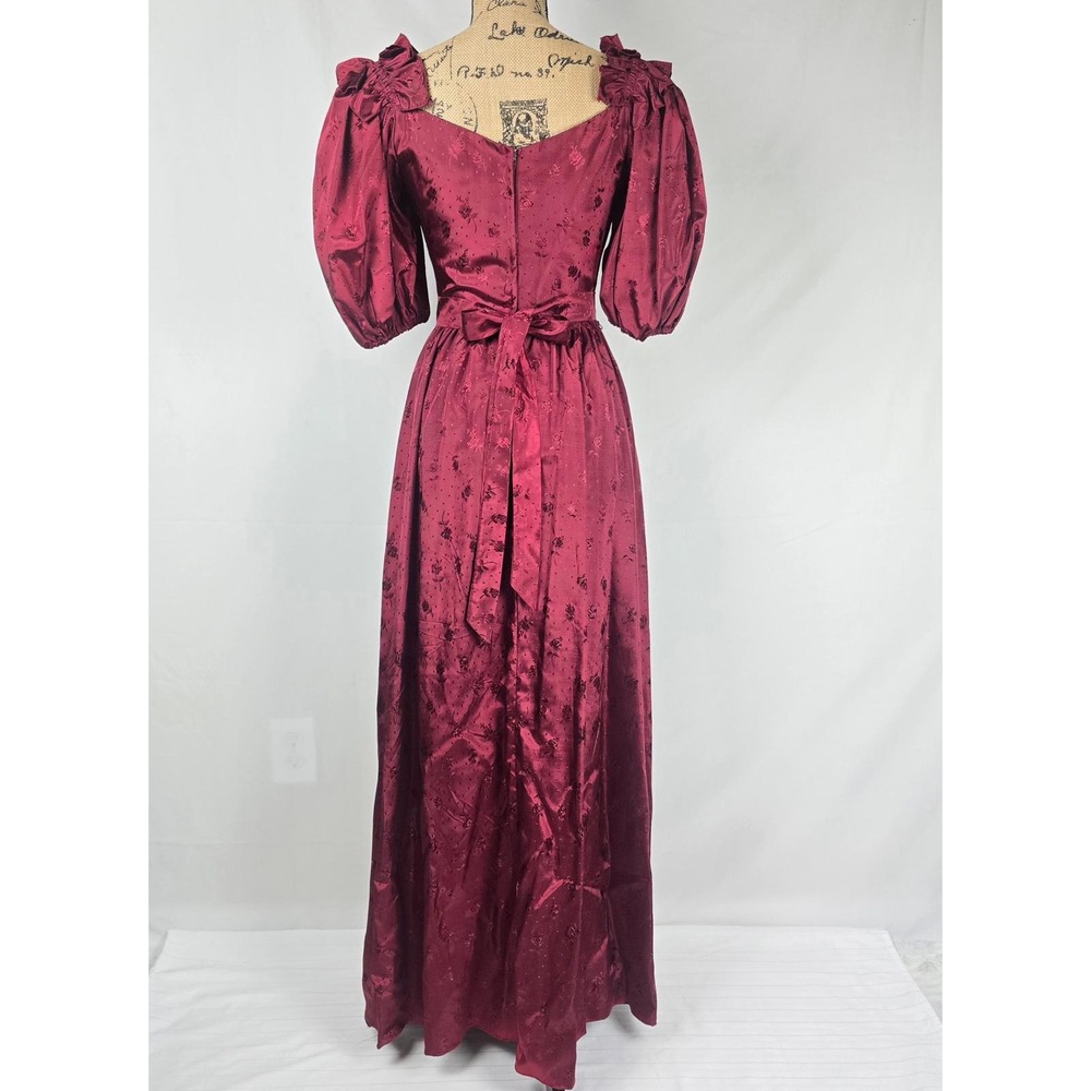 Vintage 80s Burgundy Floral Satin Jacquard Gown ILGWU Union Made Prom Dress 7-8 - Picture 10 of 16